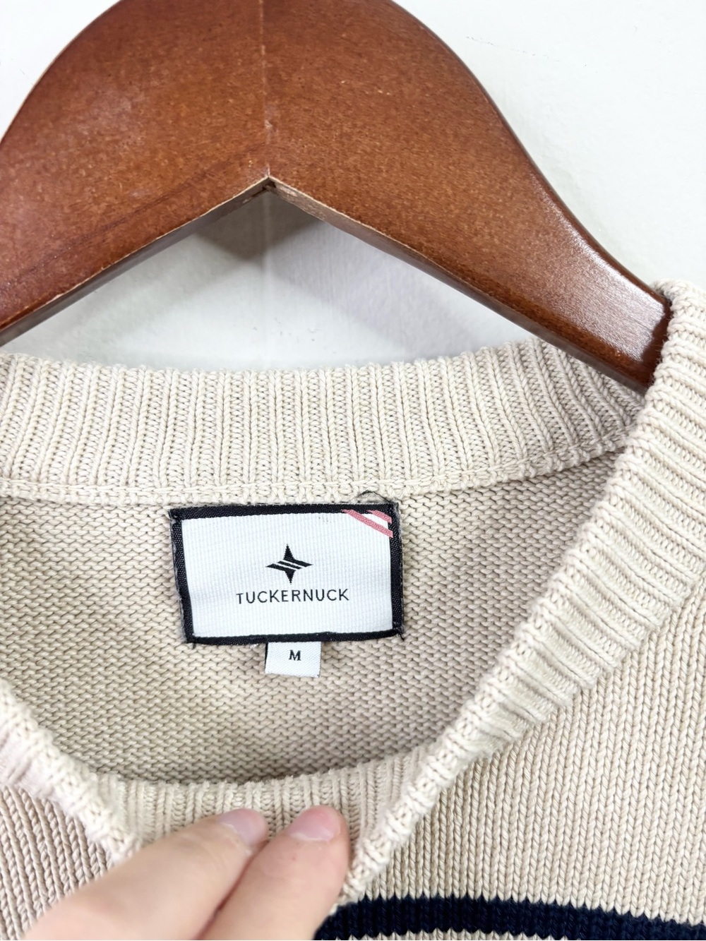 Tuckernuck Melange Bar Harbor Striped Sweater Size SM tan navy crewneck cotton - Picture 3 of 5
